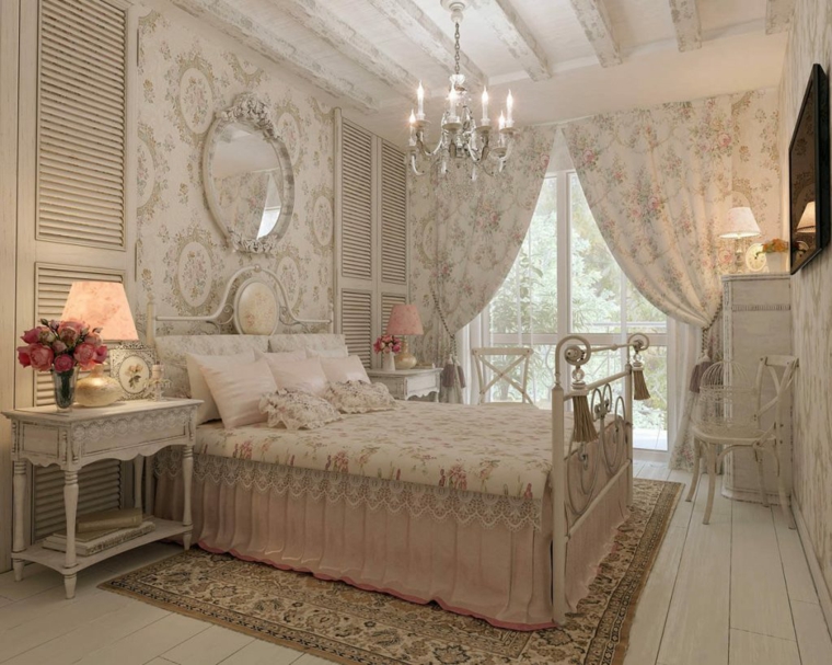 camera da letto pareti rivestite con carta da parati stanza con mobili provenzali