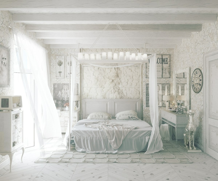 camera da letto provenzale mobili di legno colore verde soffitto con travi di legno