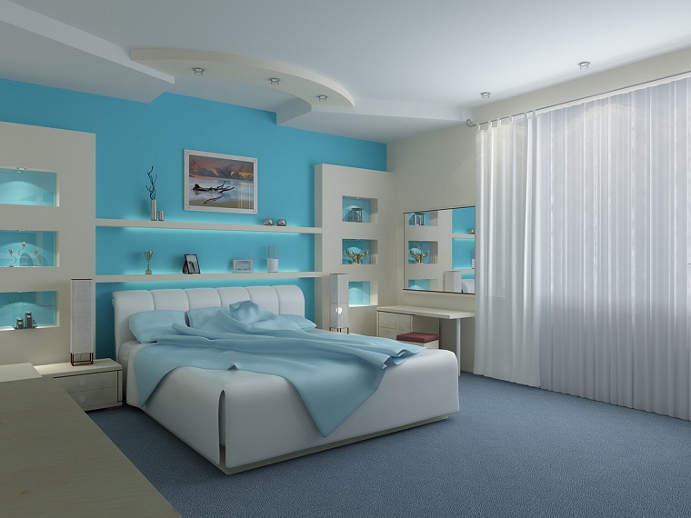 camerette per ragazze pareti blu letto grande soffitto decorato