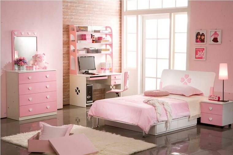 camerette proposta pareti rosa mobili legno