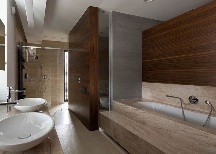 arredo bagno inserti legno pareti pavimento stile moderno