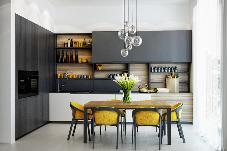 cucina moderna sedie gialle scaffali aperti