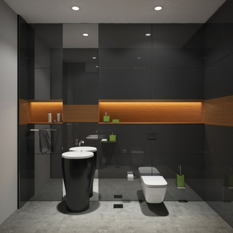 Mobili bagno moderni economici, lavabo colonna colore nero, parete con piastrelle lucide