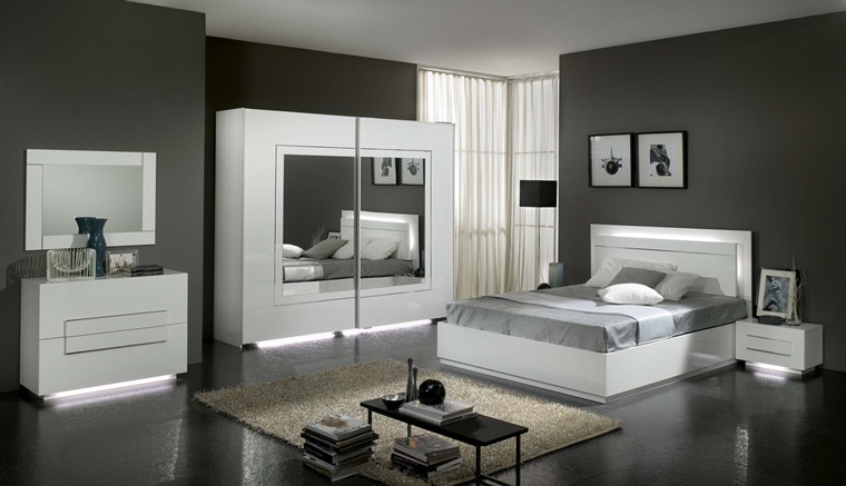 camera da letto moderna mobili bianchi pareti nero