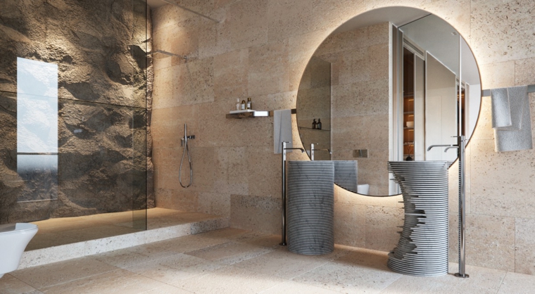 Mobili bagno moderni sospesi, colonna cemento lavabo, specchio rotondo grande