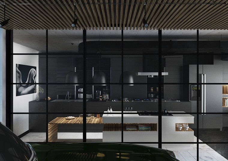 cucina nera design moderno grande vetrata quadrati