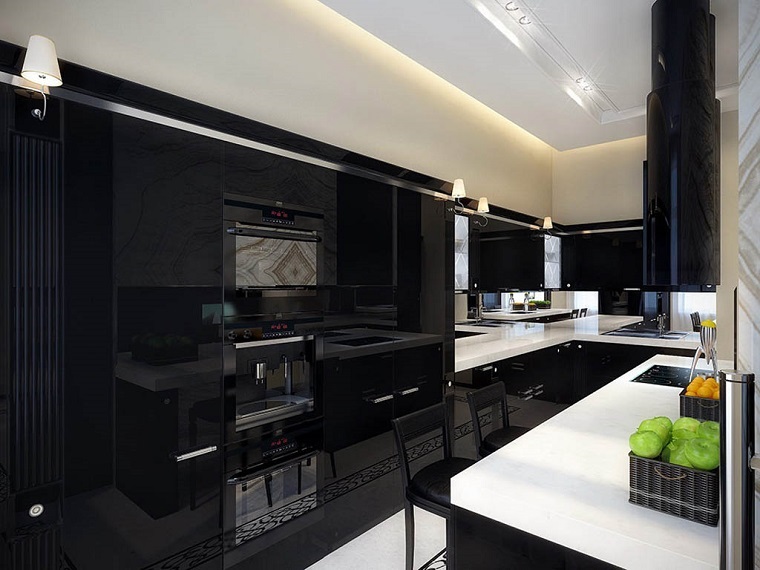 cucina nera moderna top bianco
