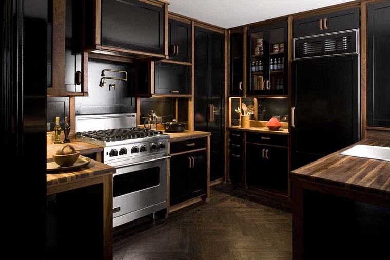 idee cucina mobili neri dettagli legno