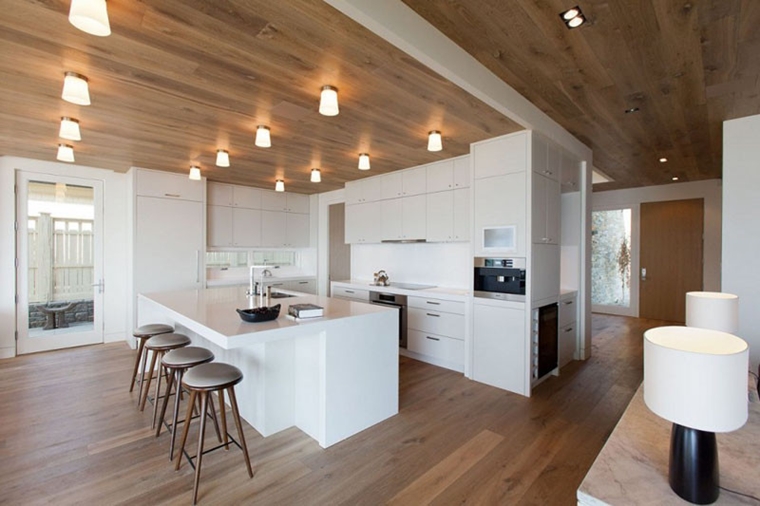 illuminazine tetto legno cucina tipo open space