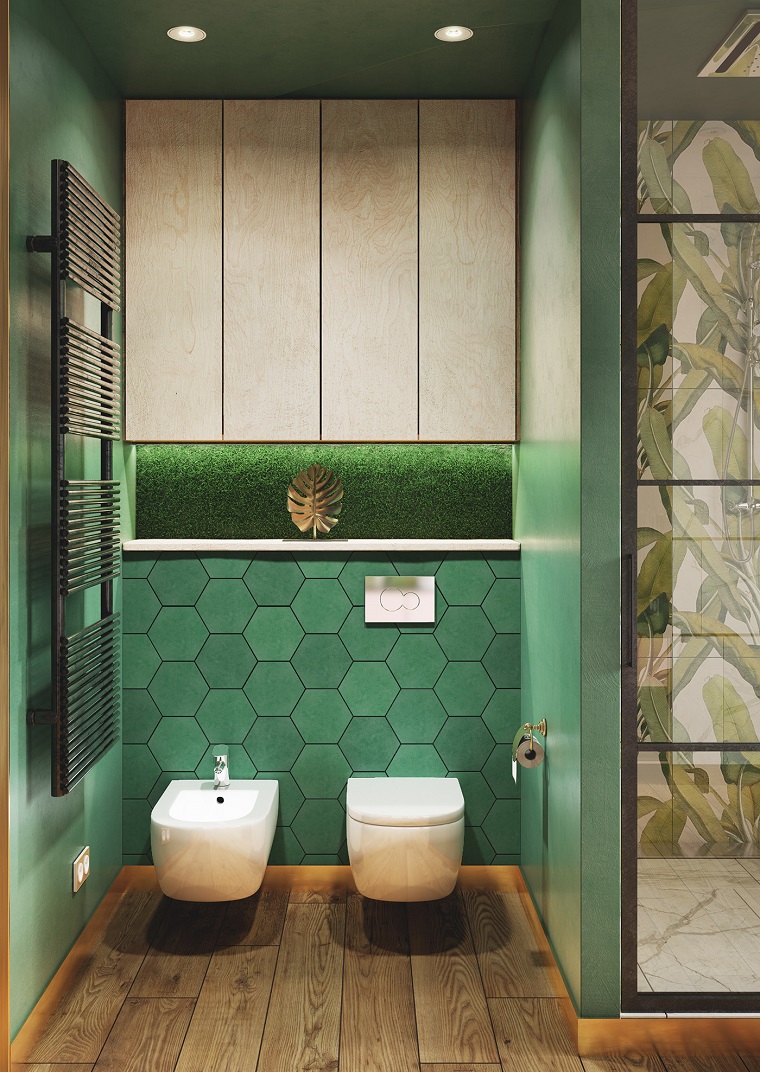 Arredo bagno moderno, piastrelle bagno colore verde, piastrelle motivi giungla
