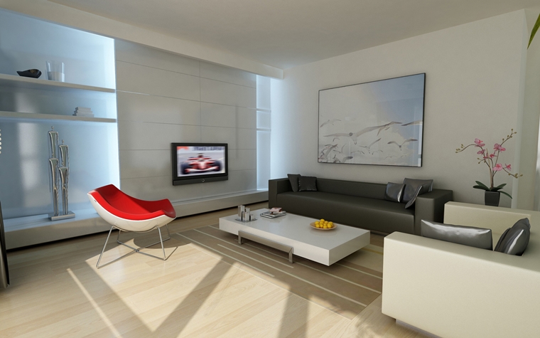 salotti moderni stile minimal divani bianco grigio quadri mensole pareti