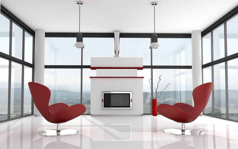 soggiorno contemporaneo bianco nero sedie rosso