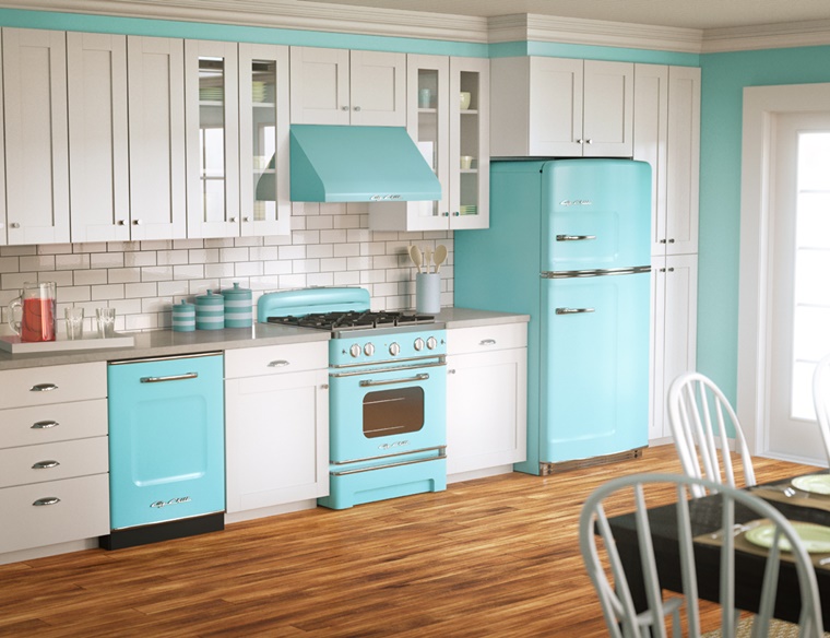 cucine con frigo esterno arredamento vintage elettrodomestici colore azzurro