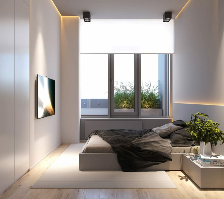 design camera da letto moderna como vaso fiori tv armadio muro finestra tenda