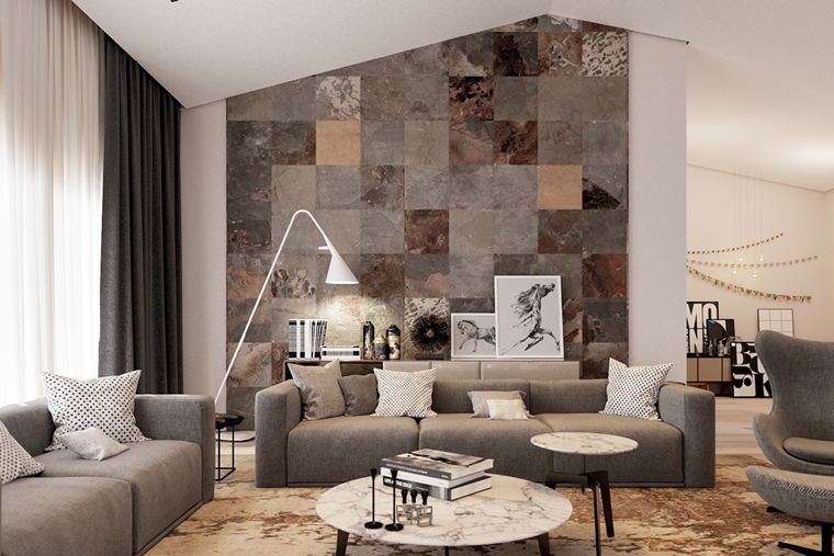 Rivestimenti in pietra in soggiorno moderno idee di design e stile Idee soggiorno moderno