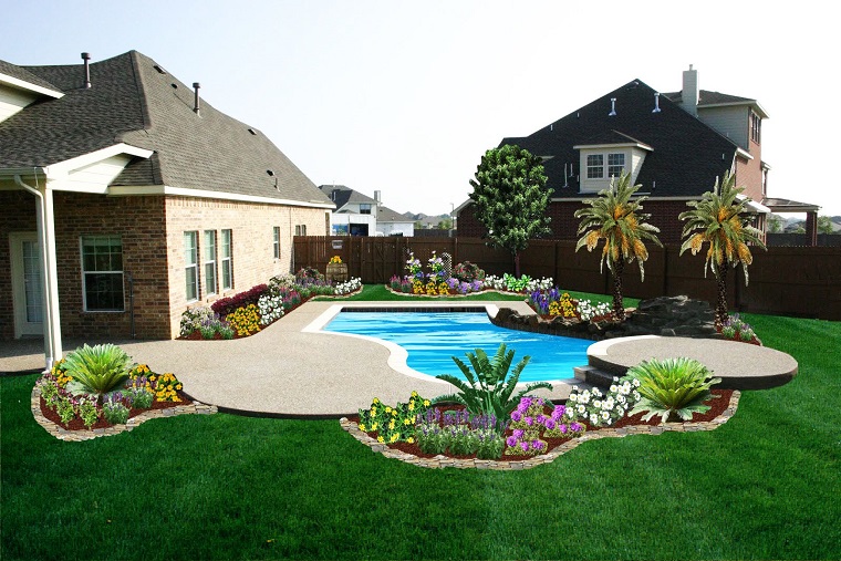 progettazione giardino tridimensionale piscina fiori piante
