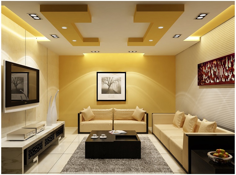 soffitto soggiorno idea accenti colore giallo
