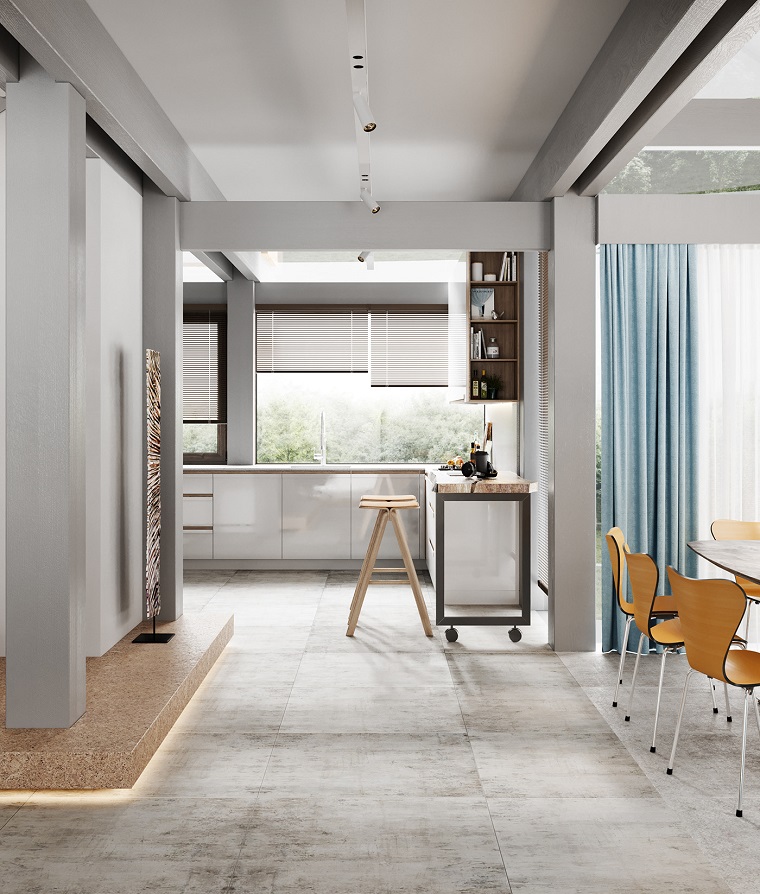Arredare cucina soggiorno open space, cucina con mobili bianchi, tavolo da pranzo e sedie in legno