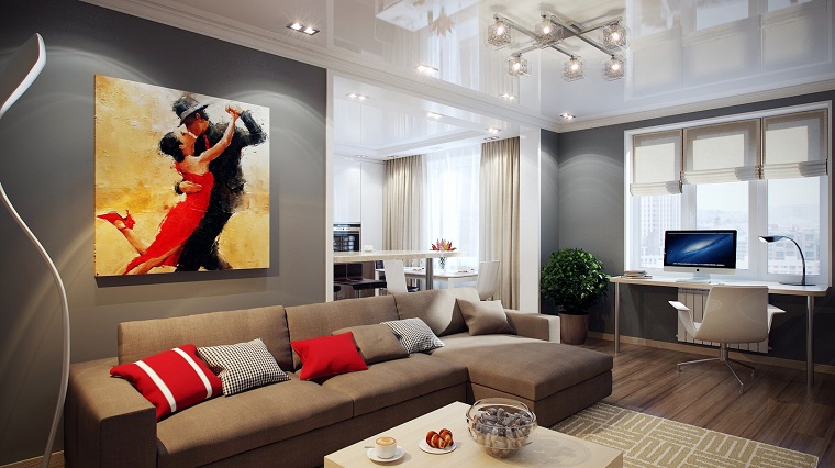arredamento soggiorno stile contemporaneo parete grigia