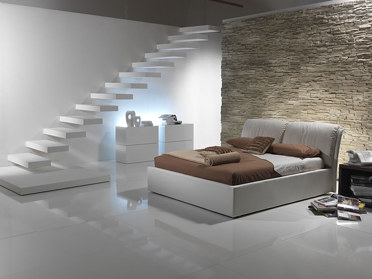 camera da letto moderna pavimento gres porcellanato parete muratura