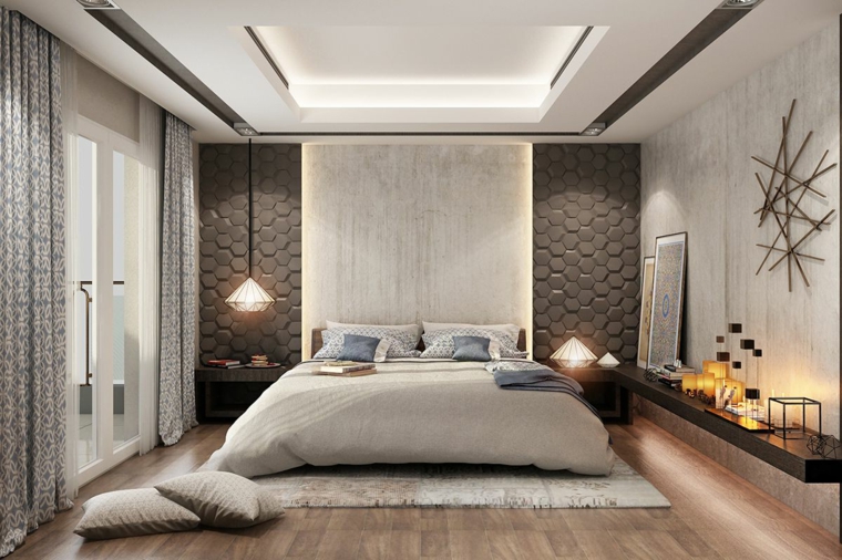 Come abbellire camera da letto, lampada sospesa, mensola in legno, decorazioni da parete