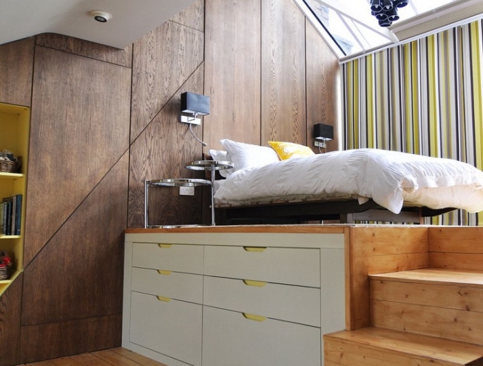 Letto soppalco con varie soluzioni salvaspazio di design