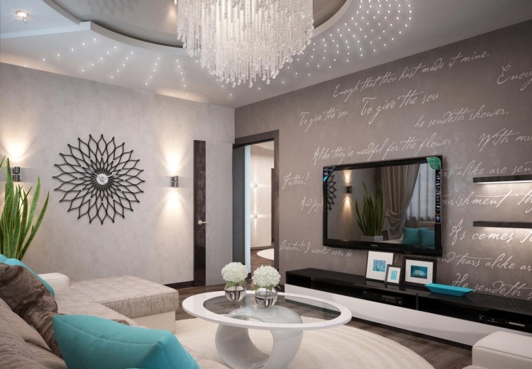 saloni moderni arredi grigio porta tv parete lampadario gocce