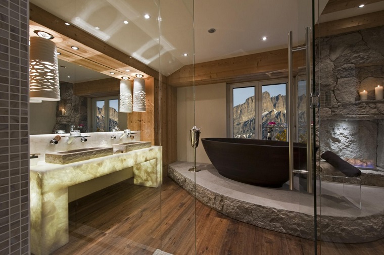 idea originale arredare bagno vasca parete pietra naturale