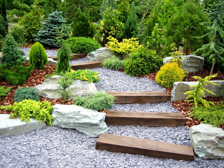 idee giardino fai da te vialetto ghiaia scalini legno