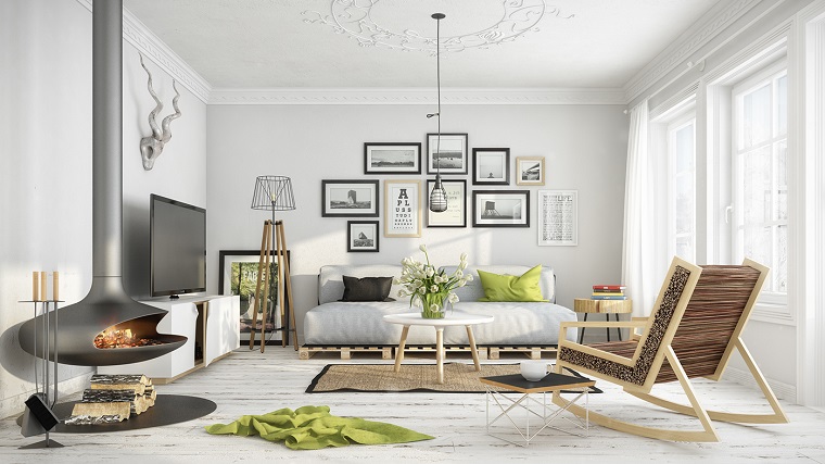 mobili bianchi soggiorno arredato stile scandinavo