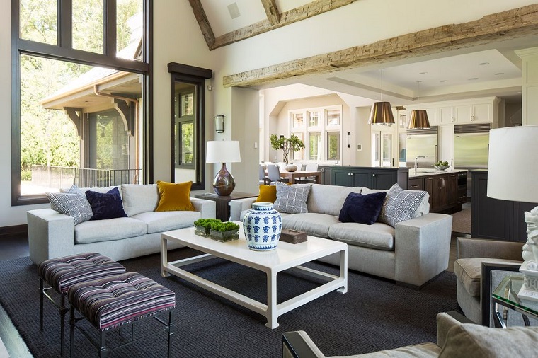 ambiente sofisticato mobili soggiorno stile contemporaneo travi legno 