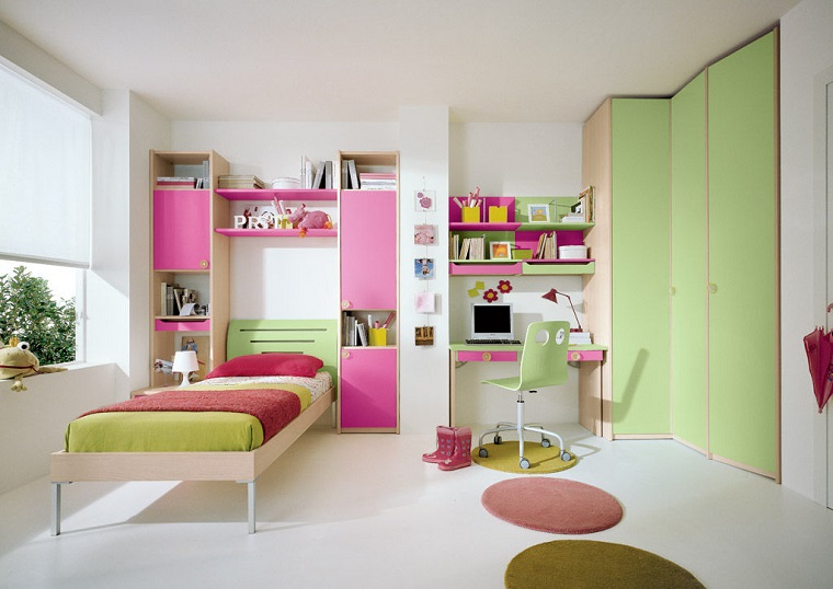 camerette per ragazze mobili rosa verde pareti bianche