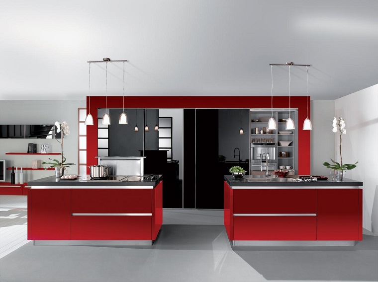 cucina rossa design moderno lampadari sospensione