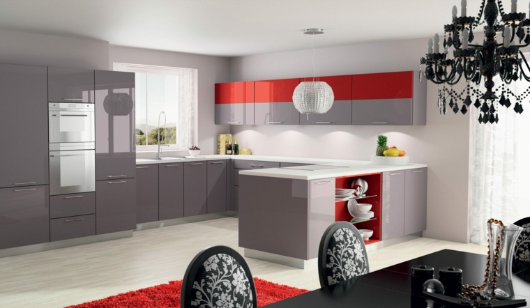cucina rossa elementi colore grigio