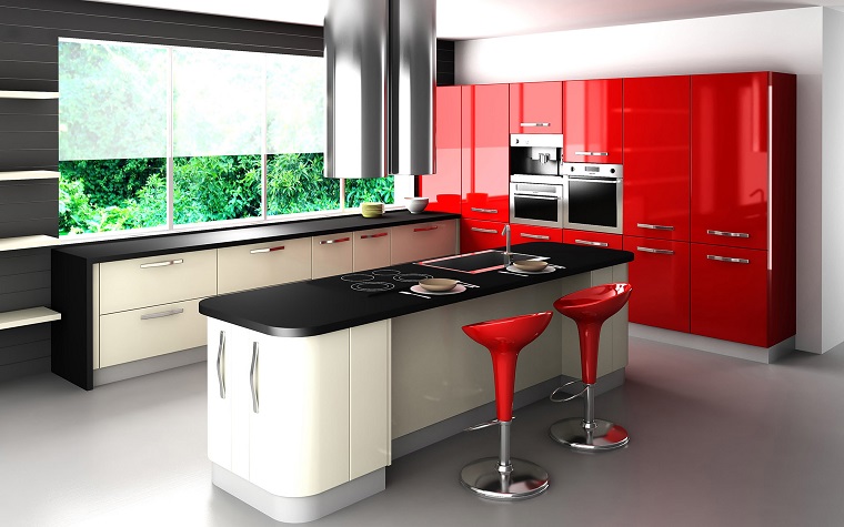 cucina rossa moderna isola centrale top nero