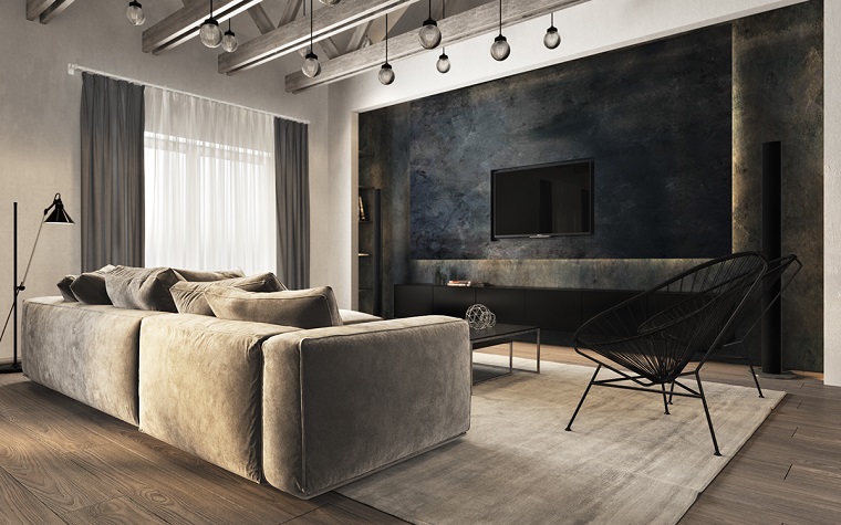 idee soggiorno design industriale divano grigio