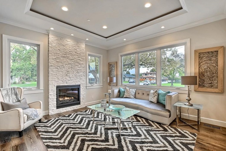mobili stile contemporaneo soggiorno tappeto bianco nero illuminazione led 