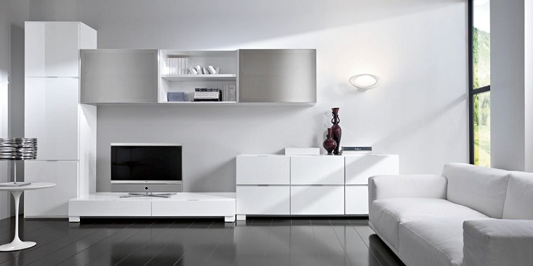 parete soggiorno stile moderno colore bianco lucido decorazioni 