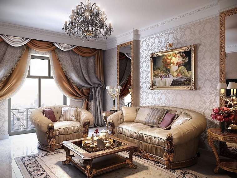 salotto classico decorato tende colore viola divano 