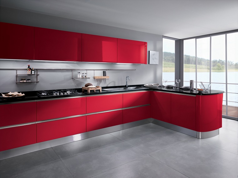 cucine con penisola-stile-moderno-colore-rosso