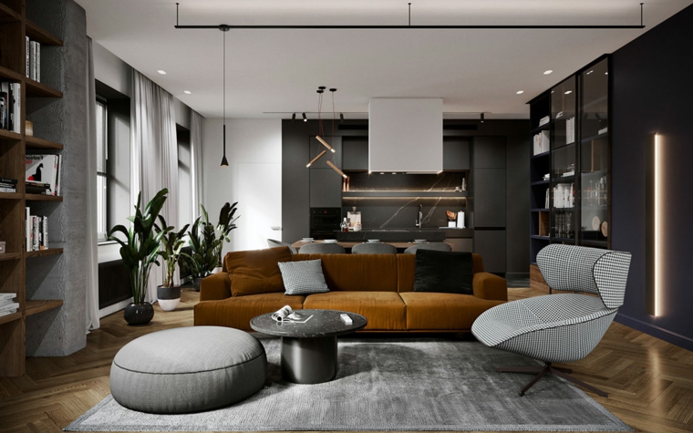 Soggiorni moderni, soggiorno con divano di colore marrone, salotto con tappeto grigio