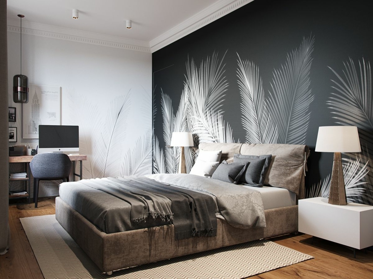 Colori camera da letto, carta da parati colore nero, disegno su un muro nero, testata letto con cuscini