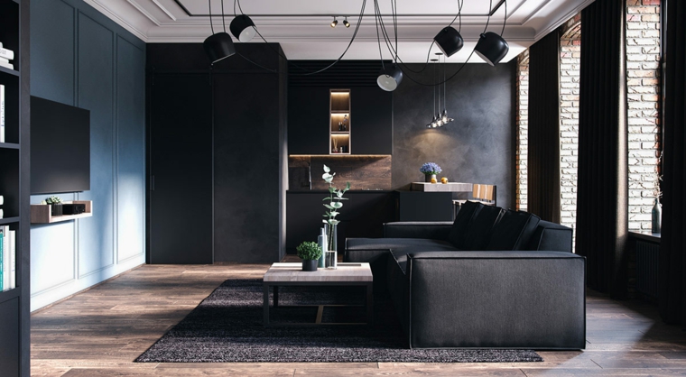 Salotti moderni, divano in tessuto di colore nero, open space soggiorno cucina