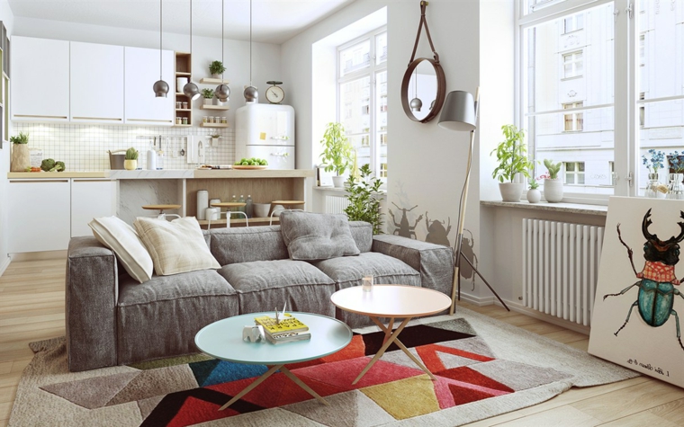 Cucina soggiorno open space, arredamento soggiorno con divano di colore grigio
