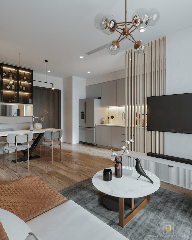Idee arredamento cucina, open space zona living, parete divisoria in legno