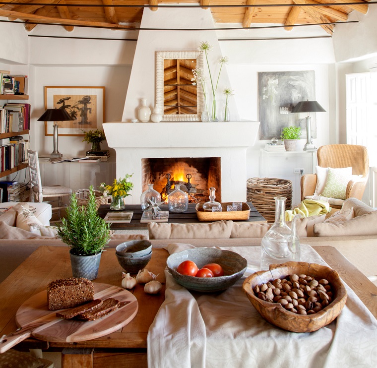 camini-rustici-arredamento-soggiorno-tavolo-legno-soffitto-decorazioni-parete-cibo