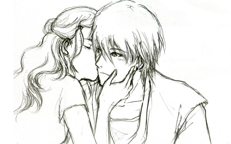 disegni-a-matita-coppia-giovani-atteggiamento-tenere-lei-bacia-guancia-lui-tenendo-volto-mani