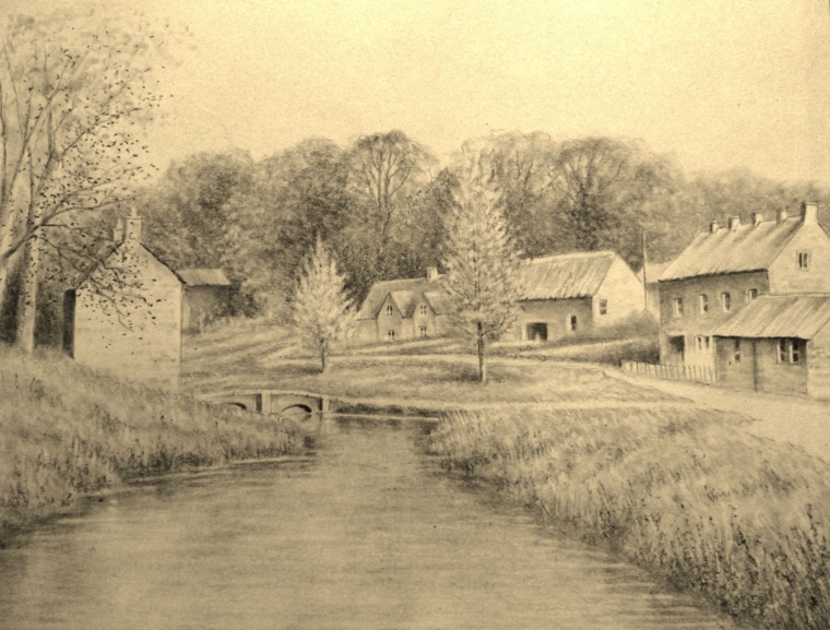 disegni-a-matita-esempio-paesaggio-altri-tempi-primo-piano-fiume-case-bosco-sfondo