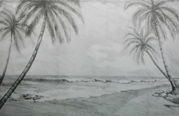 disegni-a-matita-facili-paesaggio-esotico-paio-palme-lati-scena-spiaggia-mare-onde