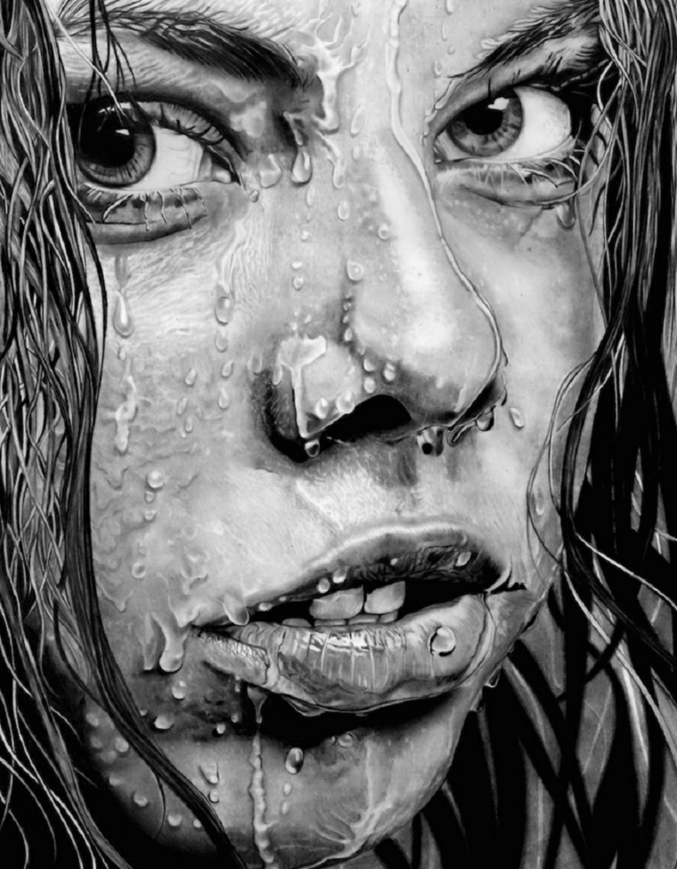disegni-a-matita-volto-donna-primo-piano-bagnato-acqua-bocca-semi-aperta-molto-realistico